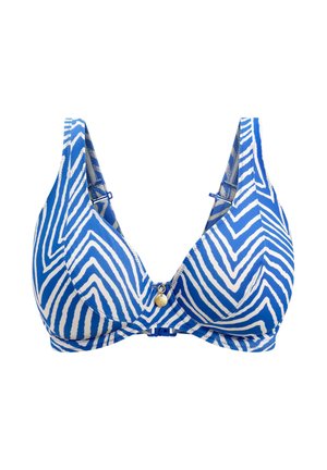 Blauw-wit gestreept bikinibovenstuk met driehoekige cups, verstelbare bandjes en een gouden accentknop in het midden. Gemaakt van gestructureerde stof.