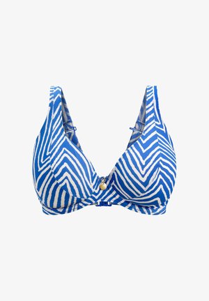 Blauw-wit gestreept bikinibovenstuk met driehoekige cups, verstelbare bandjes en een gouden accentknop in het midden. Gemaakt van gestructureerde stof.