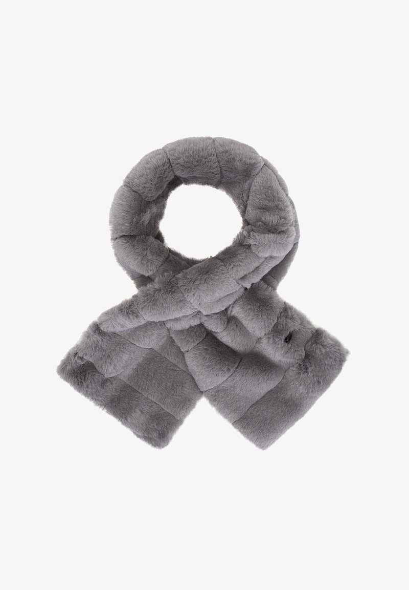 Écharpe en fausse fourrure gris doux disposée en boucle avec un design croisé, mettant en valeur des segments rembourrés rectangulaires et moelleux.