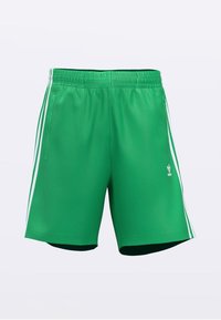 Zelené sportovní šortky z hladké látky s elastickým pasem, dvěma bočními kapsami a bílými bočními pruhy. Logo na přední spodní části.