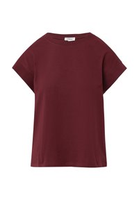Kurzärmliges, rundhalsiges, kastanienbraunes T-Shirt mit gerippten Ärmeln und einem kleinen weißen Markenetikett im Kragen.