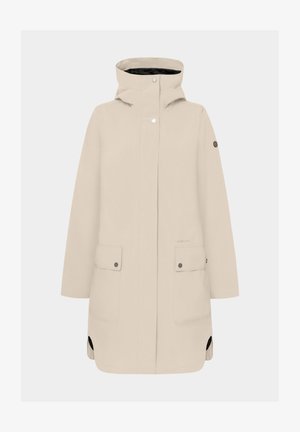 Beige waterdichte jas met een hoge kraag, drukknoopsluiting, twee voorzakken en zijsplitten voor ventilatie. Voorzien van een subtiele logodetail.