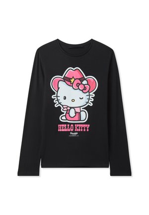 Maglietta nera a maniche lunghe con una grafica colorata di Hello Kitty in rosa e bianco, con un cappello da cowboy e una stella, mostrata centralmente.