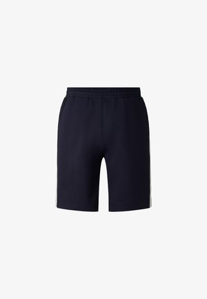 Navy blue athletic shorts made from soft fabric. Features an elastic waistband and side stripes. Straight-cut design with no pockets.