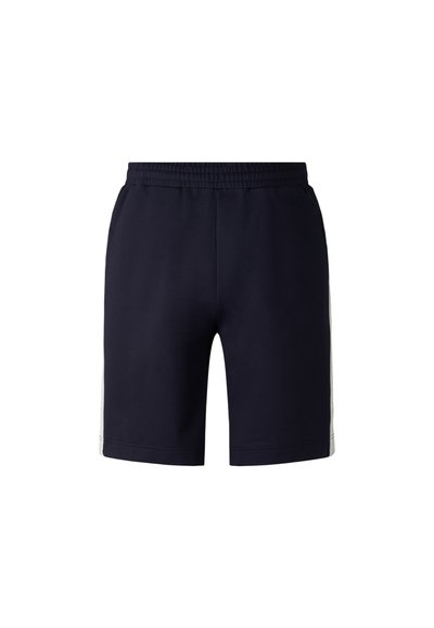 Marineblaue Sportshorts aus weichem Stoff. Mit einem elastischen Bund und seitlichen Streifen. Gerader Schnitt ohne Taschen.