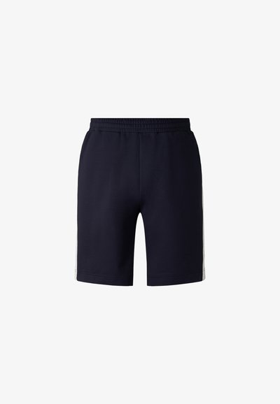 Marineblaue Sportshorts aus weichem Stoff. Mit einem elastischen Bund und seitlichen Streifen. Gerader Schnitt ohne Taschen.