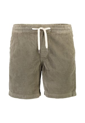 Krótkie spodenki sztruksowe w oliwkowej zieleni, z elastycznym paskiem i białymi sznureczkami do wiązania, z podwiniętymi nogawkami.