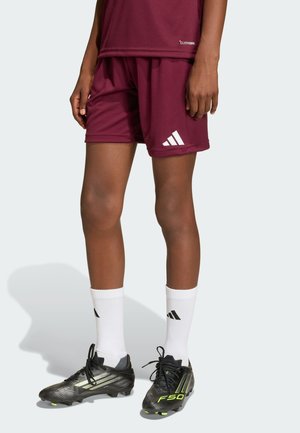 Młoda osoba ubrana w bordowe spodenki Adidas, białe skarpetki za kostkę Adidas oraz czarne korki piłkarskie Adidas F50 stojąca na białym tle.