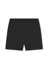 Shorts noirs avec une ceinture élastique douce. Présentent une texture lisse et une forme rectangulaire classique. Pas de motifs ni d'ornements supplémentaires.