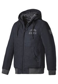 Marineblaues Kapuzenjacke mit Reißverschluss vorne, zwei Fronttaschen, gerippten Bündchen und "Cordon Athletic" auf der Brust gestickt.