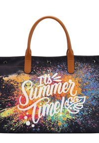 Borsa a spalla nera in tela con manici in pelle marrone, caratterizzata da un design a macchie colorate e testo bianco che recita "È tempo d'estate!"