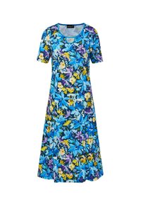 Blumenkleid mit tailliertem Oberteil, kurzen Ärmeln und weitem Rock. Die Farben umfassen Blau, Lila, Gelb und Weiß auf einem marineblauen Hintergrund.