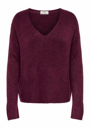 Maglione a maniche lunghe lavorato a maglia in bordeaux scuro con scollo a V e polsini e orlo a costine, mostrato su sfondo bianco.