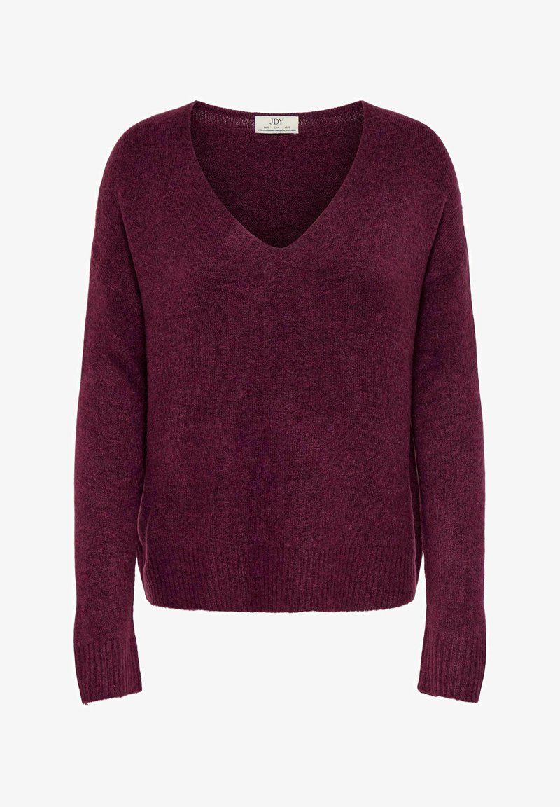 Pull en maille à manches longues de couleur bordeaux foncé avec un col en V et des poignets ainsi que l'ourlet côtelés, présenté sur un fond blanc.