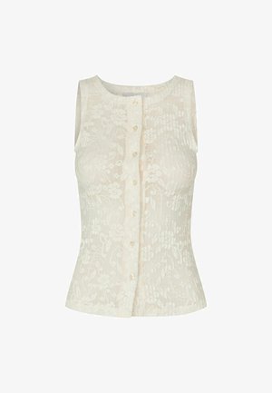 Mouwloze top van kant in off-white, met knoopsluiting aan de voorkant, bloemmotief en een aansluitend silhouet. Geëffende stof met een subtiele glans.