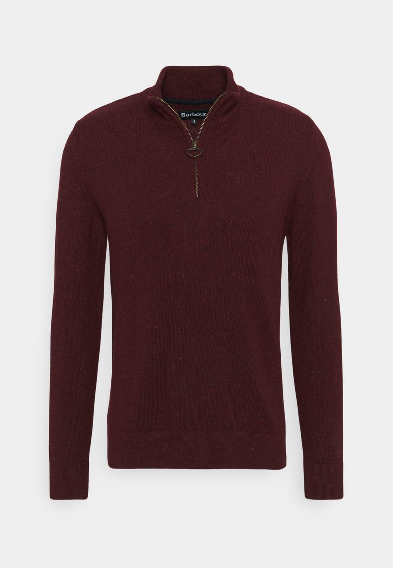 Burgundy knit sweater with a quarter-zip collar. Features a textured fabric and ribbed cuffs with a small branding detail on the chest.