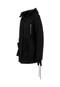Black hooded parka jacket with zippered chest pocket, drawstring waist, quilted sleeves, and front flap pockets, shown from the side.