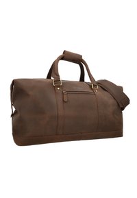 Brun læder rejsetaske med to håndtag, justerbar skulderrem, frontlomme med lynlås og synlige syninger. Glat tekstur.