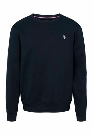 Sötétkék pulóver, pamut keverékből készült, kerek nyakkivágással, hosszú ujjakkal és egy kis logóval a bal mellrészen.