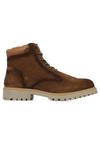 Stivaletto alla caviglia in suede beige con colletto in pelle marrone, occhielli metallici e suola in gomma robusta. Presenta un'accento testurizzato e dettagli di cucitura.