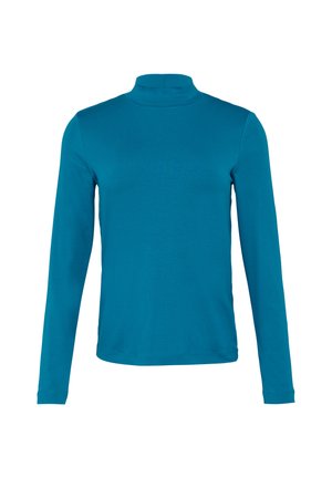 Türkises Langarm-Turtleneck-Oberteil aus weichem, dehnbarem Stoff. Verfügt über eine figurbetonte Passform und eine glatte Textur mit einem hohen Kragen.