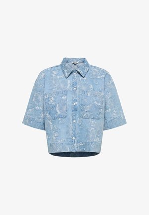 hele sinine lühikeste varrukatega teksajakk lillelise hapendatud mustriga, ees nööbitav, terava kraega ja kahe rinnataskuga.