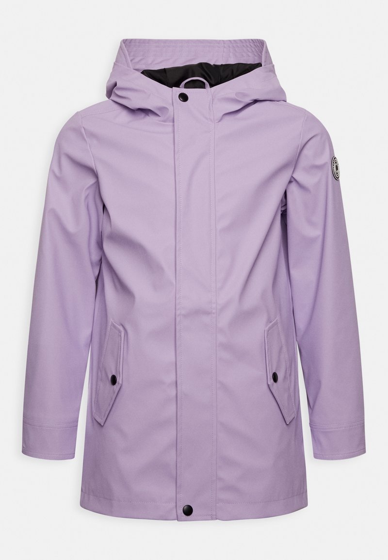 Lilac waterproof jacket with a hood, featuring black interior, two front pockets, snap closures, and a circular logo on the sleeve.