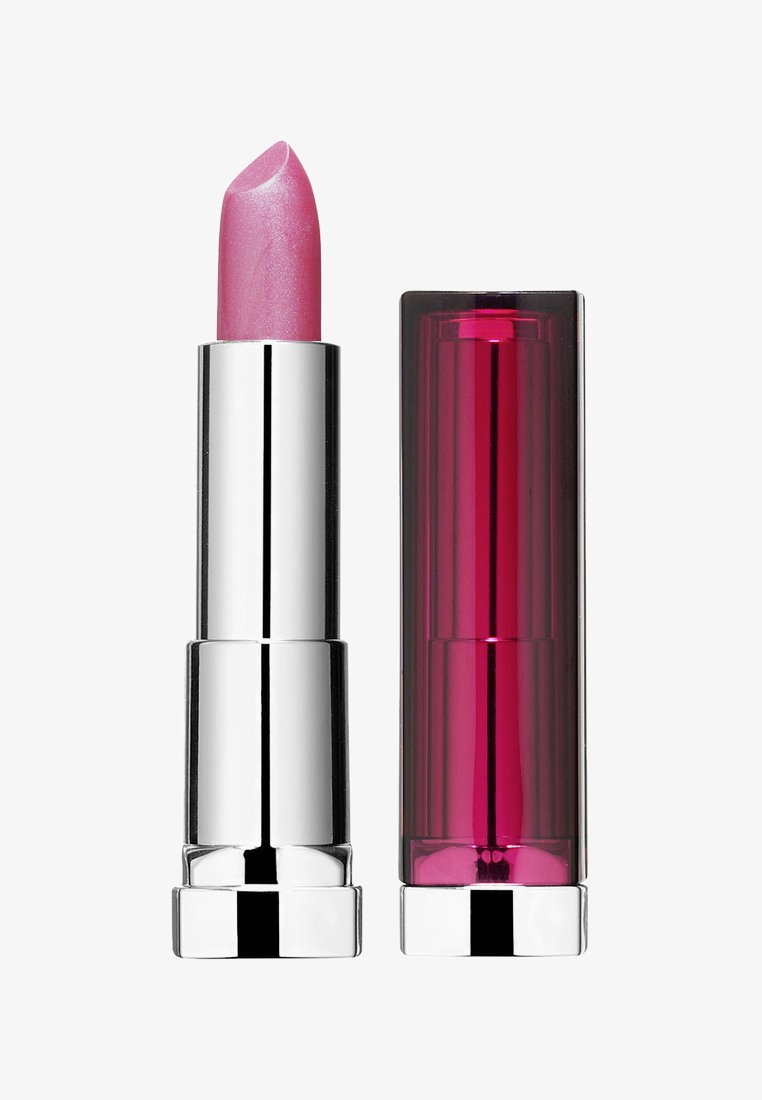Rossetto rosa con riflessi in un tubo trasparente rosso e argento, caratterizzato da linee verticali e una base rotonda.