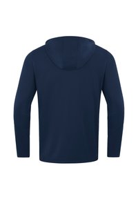 Marineblaue Langarm-Hoodie mit Kapuze, aus glattem, weichem Stoff und entspannter Passform. Keine sichtbaren Grafiken oder Muster.
