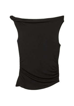 Top nero senza maniche realizzato in un tessuto elasticizzato; presenta un collo drappeggiato e dettagli arricciati sul lato, creando una forma morbida.