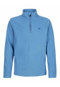 Jasnoniebieski polarowy pulower z półzamkiem i stójką. Posiada teksturowaną powierzchnię oraz małe logo w ciemniejszym odcieniu niebieskiego na piersi.