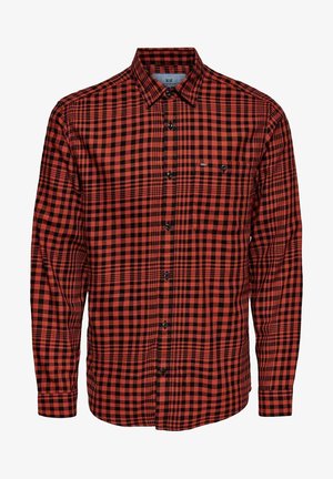 Langärmliges Hemd mit roten und schwarzen Karomuster und einer einzelnen Brusttasche mit Knopf.