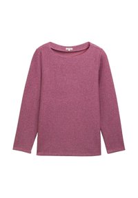 Haut à manches longues en tissu texturé rose moyen, avec un large col rond et un ourlet droit. Design simple et minimaliste sans ornements.