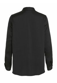 Chemise noire à manches longues avec une texture lisse, col et poignets boutonnés. Design simple avec un dos droit et sans motifs visibles.