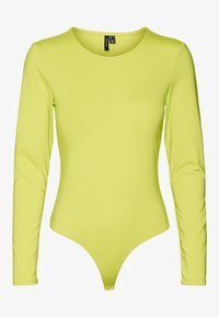 Langärmliger limonengrüner Body mit rundem Ausschnitt und String-Style-Unterteil, flach auf weißem Hintergrund präsentiert.