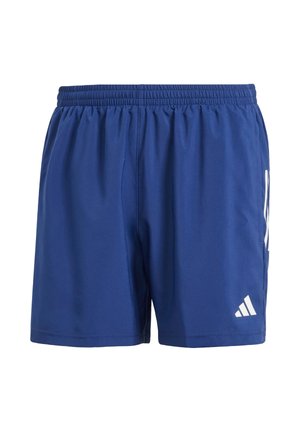 Blue athletic shorts made of lightweight fabric, featuring an elastic waistband and three white stripes along the side for branding.