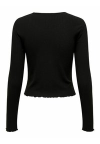 Maglietta nera a maniche lunghe con scollo rotondo e orlo arricciato, caratterizzata da una silhouette aderente e una texture liscia.