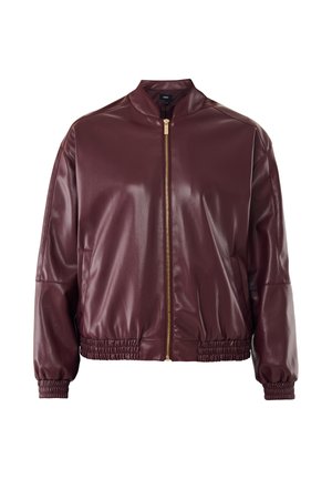Bordeaux faux leren bomberjack met ribbels aan de manchetten en onderkant, voorzien van een gouden rits en een opstaande kraag. Gladde textuur.