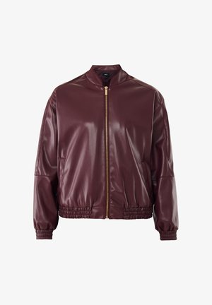 Burgundy faux leather bomber jacket with ribbed cuffs and hem, featuring a gold zipper and a stand-up collar. Smooth texture.