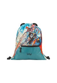 Batoh na stažení s barevným designem skateboardingu na nylonovém materiálu, tyrkysovou spodní částí a přední kapsou na zip.