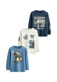 Tre långärmade skjortor: marinblå med en Triceratops-grafik, krämfärgad skjorta med T. rex-motiv, blå skjorta med dinosaurustema.