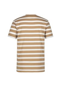 Brun og hvid stribet kortærmet T-shirt med rund hals, lavet af blødt bomuldsstof, med lige vandrette striber.