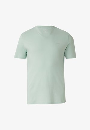 Hellgrünes Herren-T-Shirt mit kurzen Ärmeln und V-Ausschnitt, kleines Markenlogo auf der oberen linken Brustseite.