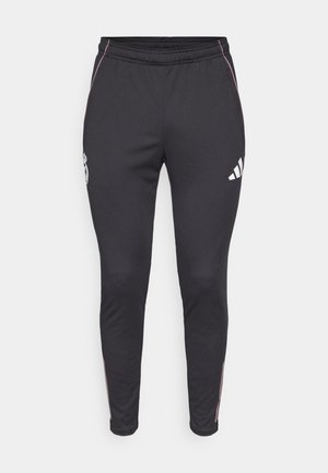 Fekete, slim fit atlétikai nadrág, elasztikus derékrésszel, rózsaszín oldalsávokkal és fehér logórészletekkel a comb és a csípő területén.