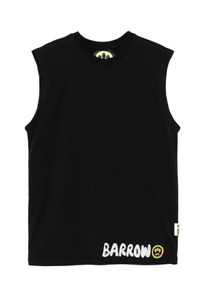 Maglietta nera senza maniche con scollo rotondo e scritta bianca "BARROW" con logo a forma di impronta di zampa gialla sull'orlo inferiore.