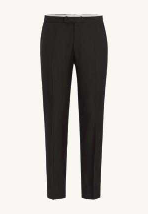 Pantalons noirs ajustés avec une coupe droite, fabriqués dans un tissu lisse. Comprennent une taille ajustée et des plis avant.