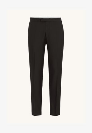 Czarne dopasowane spodnie z prostymi nogawkami, wykonane z gładkiego materiału. Posiadają dopasowany pas oraz plisę z przodu.