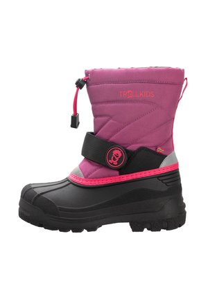 Child's purple and black winter boot with adjustable strap, drawstring top, and treaded sole for outdoor snow wear.