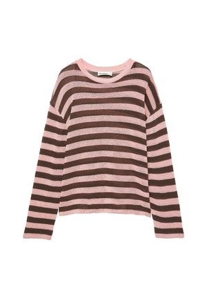 Sweter dziergany z długim rękawem, w poziome różowe i brązowe paski, z okrągłym dekoltem.