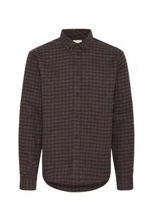 Brown plaid long-sleeve shirt featuring a button-down collar, front button closure, and rounded hem. Made from a textured fabric.